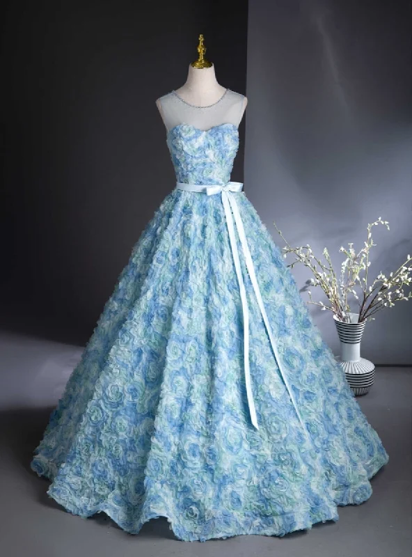 women's casual Friday dressesBlue 3D Rose Flower Backless Quinceanera Dress