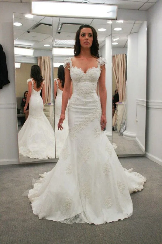 women's easy-to-wear dressesSweetheart Mermaid Cap Sleeves Backless Lace Appliques Wedding Dresses