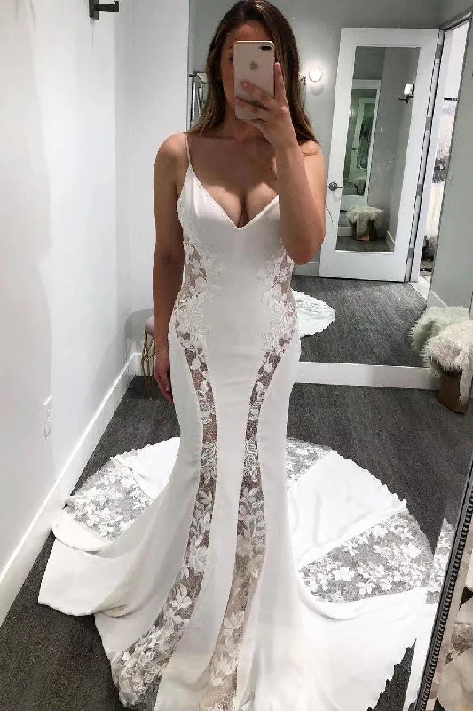 Ruffled Hem DressSpaghetti Straps See Through Mermaid V-Neck Lace Wedding Dress Y0045