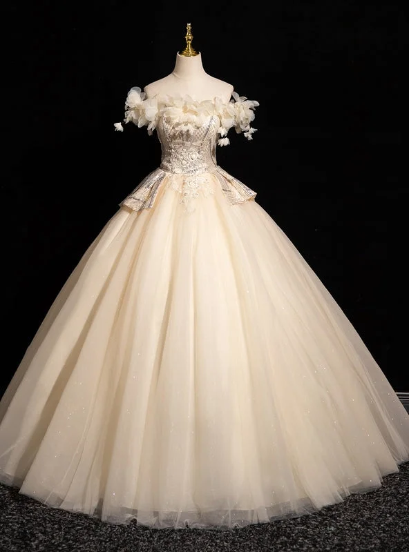 women's mini dressesChampagne Tulle Sequins Appliques Off the Shoulder Quinceanera Dress