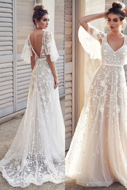 Glitter DressRomantic Ivory V-Neck Lace Appliques Backless Beach Wedding Dresses