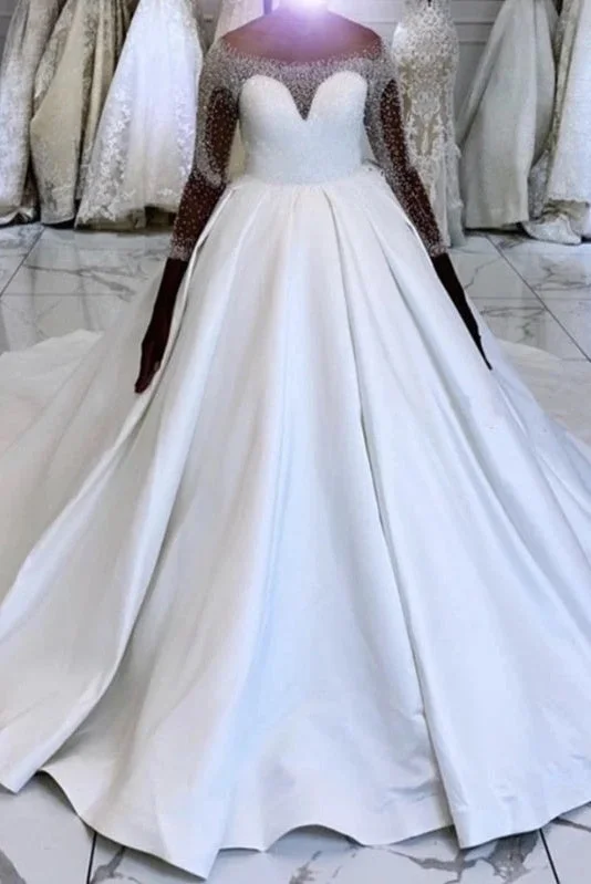 Short-Sleeve DressGorgeous White Long Sleeves Ball Gown Beading Satin Long Wedding Dresses Y0162