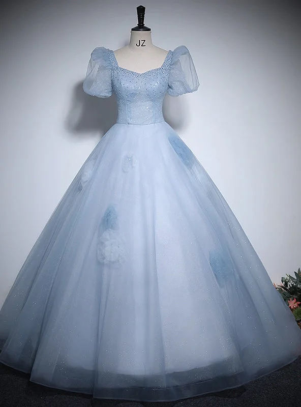 Maternity DressBlue Tulle Puff Sleeve Sequins Beading Quinceanera Dress