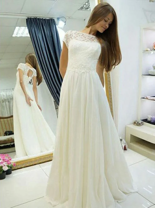 women's eco-friendly dressesElegant A-Line Bateau Chiffon Cap Sleeves Lace Wedding Dress OW356