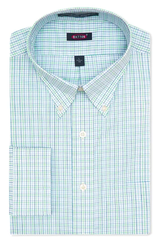Men's Easy-Care Shirts for Busy Lifestyles'Oliver' Blue and Mint Plaid Long Sleeve Beyond Non-Iron® Cotton Sport Shirt by Batton