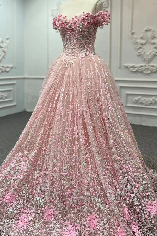 Silk DressPrincess Pink Quinceanera Dress Floral Print Sequins Off Shoulder Ball Gown