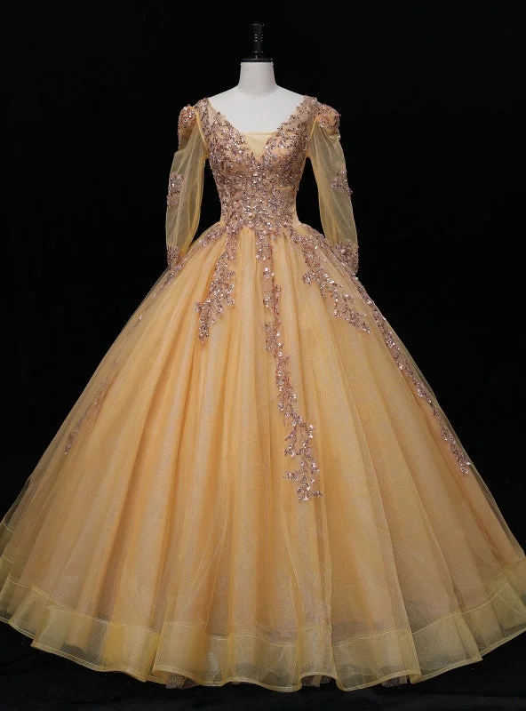 Bohemian DressGold Tulle Long Sleeve Backless Sequins Quinceanera Dress