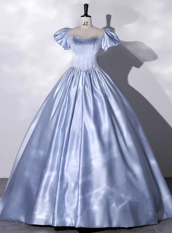 Shift DressBlue Satin Square Puff Sleeve Beading Quinceanera Dress
