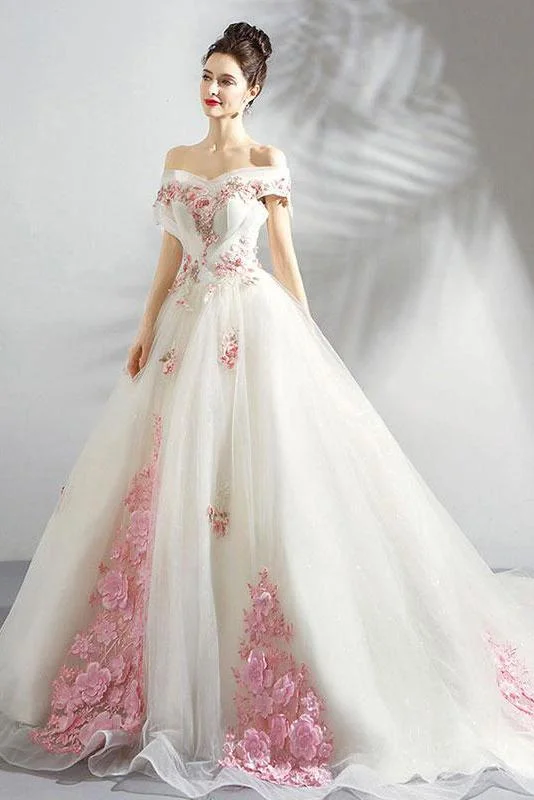 women's wedding guest dressesUnique Off the Shoulder Tulle Wedding Dresses with Pink Flowers Ball Gown Wedding Gown N2584