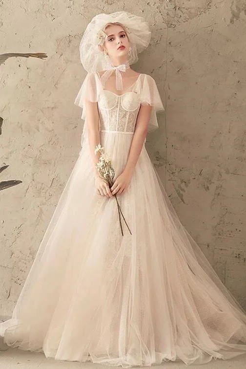 women's bridesmaid dressesUnique Tulle Lace Long Wedding Dresses Ivory Short Sleeves Lace Up Back Bridal Dresses N2585