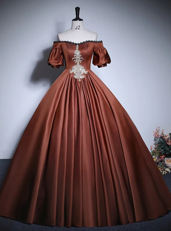 women's eco-friendly dressesBrown Satin Off the Shoulder Short Sleeve Quinceanera Dress