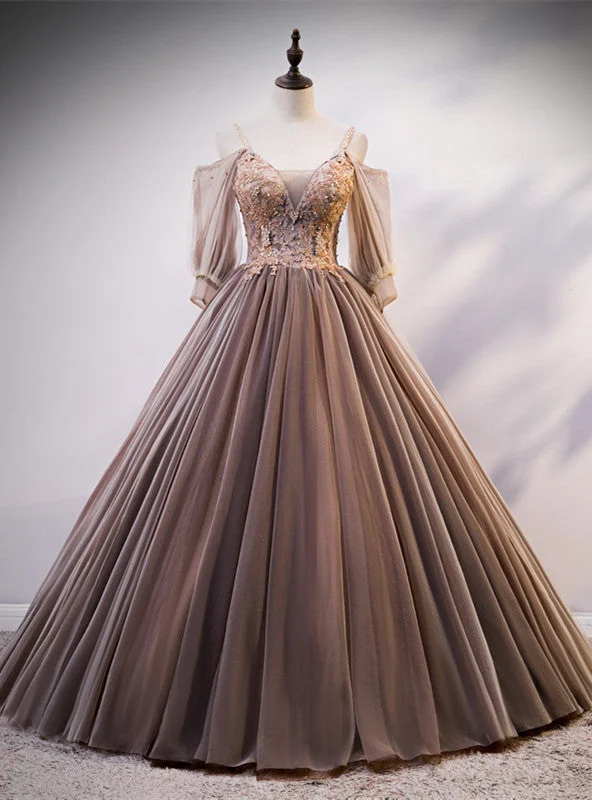 women's hourglass figure dressesCoffee Tulle Spaghetti Straps Beading Quinceanera Dress