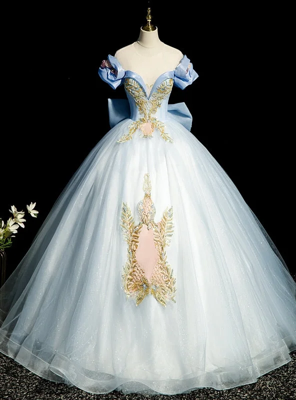women's pastel dressesBlue Tulle Short Sleeve Beading Sequins Quinceanera Dress