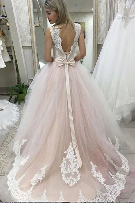 women's party dressesPale Pink Court Train Wedding Dresses with Lace Appliques Sleeveless Bridal Dresses N1129