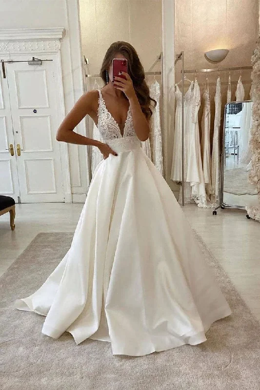 women's glam dressesDeep V Neck Satin Lace Top Long Prom Dress Wedding Dress W707