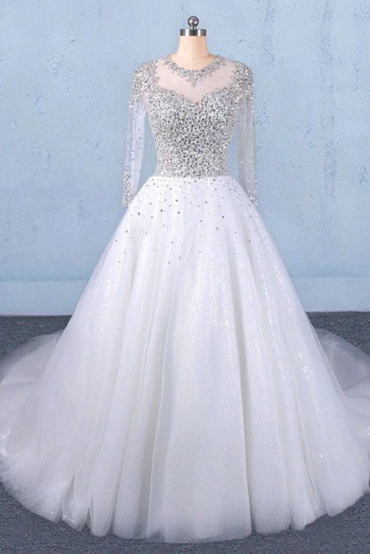women's breathable dressesPuffy Long Sleeves Tulle White Wedding Dresses Shiny Long Bridal Dresses N2345