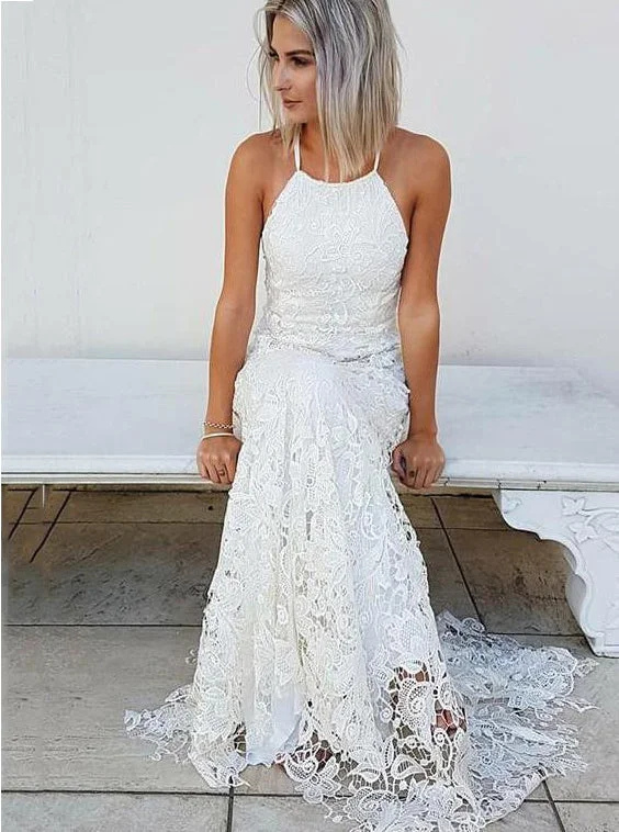 women's ruffle dressesMermaid Simple Halter Lace Wedding Dress Beach Bridal Gown OW421