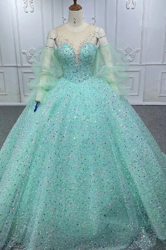 women's minimalist dressesRomantic Sheer Neck Ball Gown Sweep Train Beading Quinceanera Dresses with Detachable Sleeves