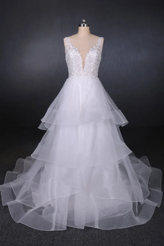 Bridesmaid DressUnique V-Neck Sleeveless Tulle Wedding Dresses Asymmetrical Long Bridal Dresses N2290