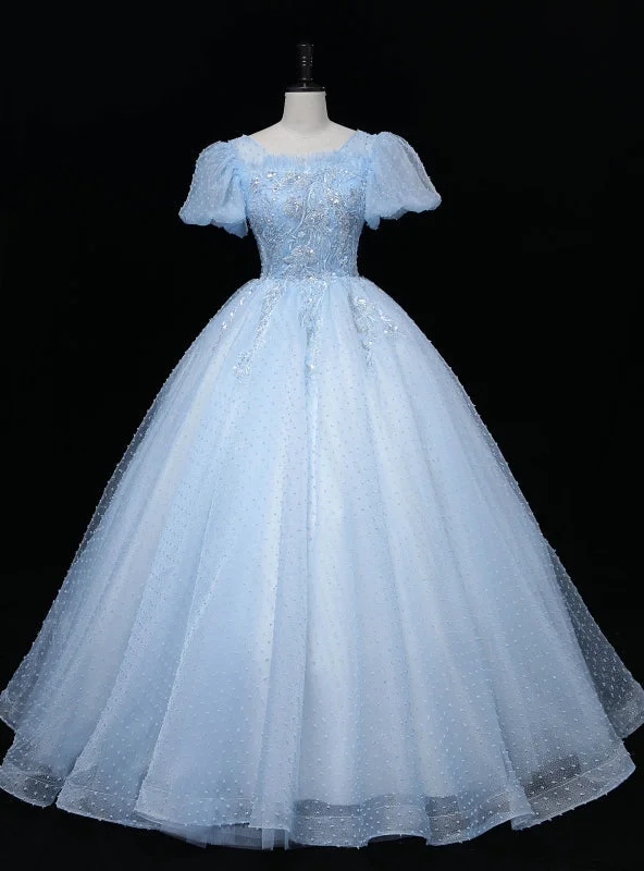 Nursing DressBlue Tulle Puff Sleeve Sequins Quinceanera Dress