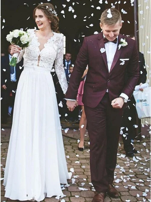 women's ethical fashion dressesModest A-Line V-Neck Long Sleeves Lace Chiffon Wedding Dress OW352