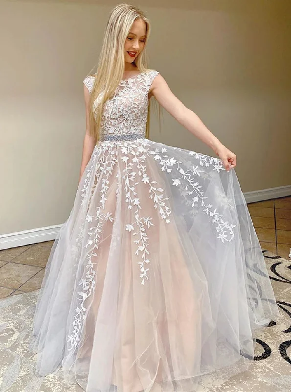 Sequined DressLace Appliques Long Prom Dresses, Long Tulle Wedding Dresses PO396