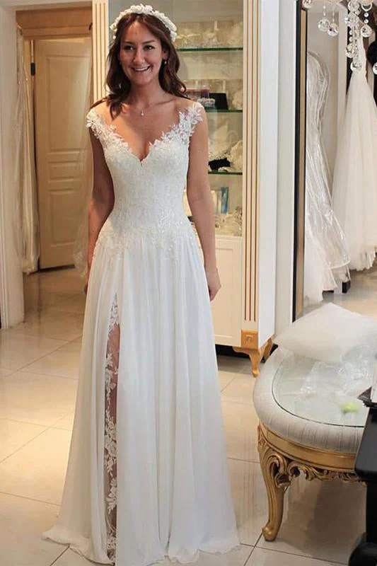 women's easy-to-wear dressesA Line Ivory V-Neck Chiffon Sleeveless Side Slite Lace Flowy Wedding Dresses