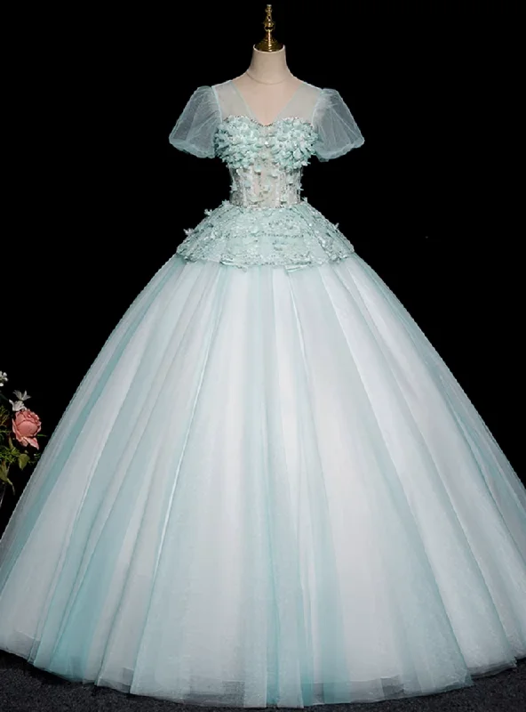 women's maternity dressesBlue Tulle V-neck Short Sleeve Flower Quinceanera Dress