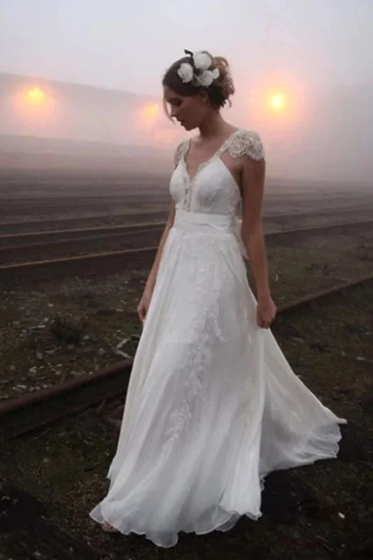 women's petite dressesRomantic V-Neck Cap Sleeves Chiffon Beach Wedding Dresses with Lace Appliques N2428
