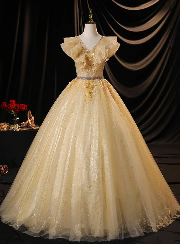 women's mother of the bride dressesGold Tulle Sequins Appliques V-neck Quinceanera Dress