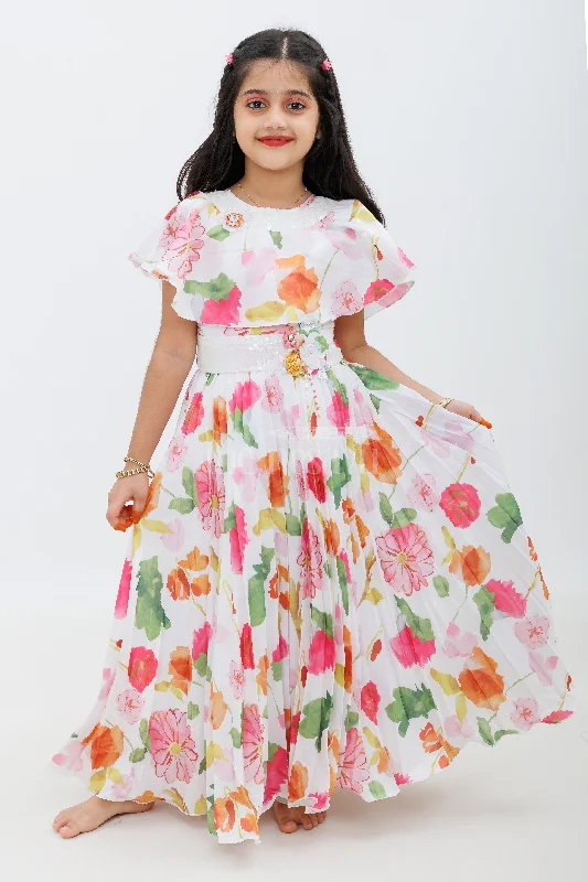 Silk DressCream Glaze Organza Print Gown for Girls