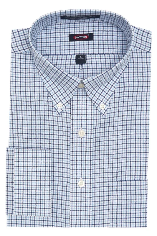 Men's Bamboo Fiber Shirts for Softness and Breathability'Phoenix' Multi Blue Plaid Long Sleeve Beyond Non-Iron® Cotton Sport Shirt by Batton