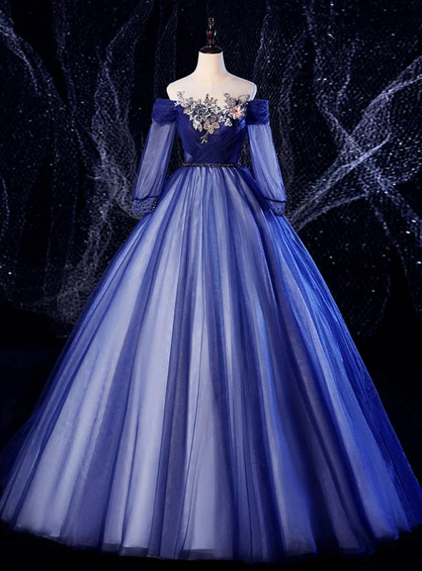 Cheetah Print DressFor Your Big Night Navy Blue Ball Gown Tulle Long Sleeve Appliques Quinceanera Dress
