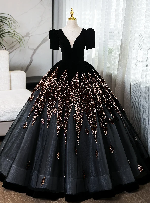 women's beach dressesBlack Velvet Sequins Short Sleeve Quinceanera Dress