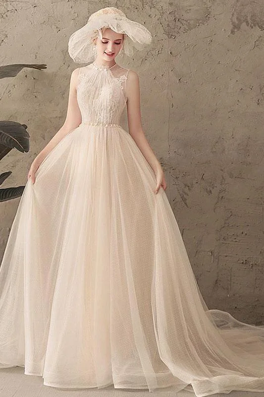women's mother of the bride dressesIvory Jewel Sleeveless Tulle Wedding Dresses with Lace A Line Pleats Open Back Bridal Dresses N2583
