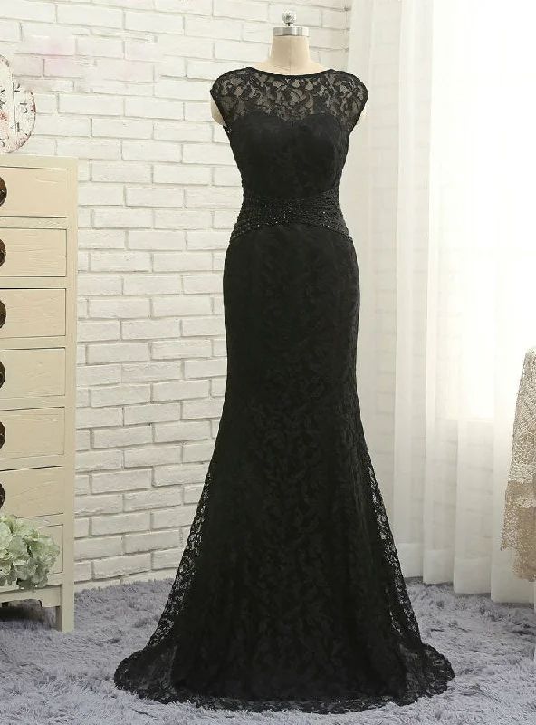 Sheath DressElegant Black Mother Of The Bride Dresses Mermaid Cap Sleeves Lace