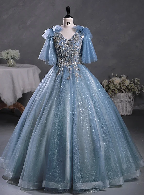 women's floral dressesBlue Tulle Sequins V-neck Quinceanera Dress