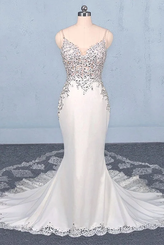 women's unique dressesSexy Spaghetti Straps Mermaid Wedding Dresses with Lace Mermaid Bridal Dresses N2302