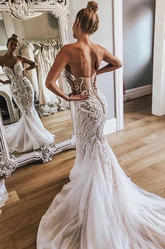 women's plus-size dressesGorgeous Strapless Tulle Mermaid Wedding Dresses Long Bridal Dresses with Appliques N1791