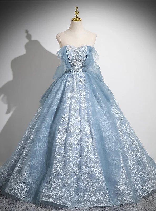 Off-The-Shoulder DressBlue See Through Neck Tulle Lace Quinceanera Dress