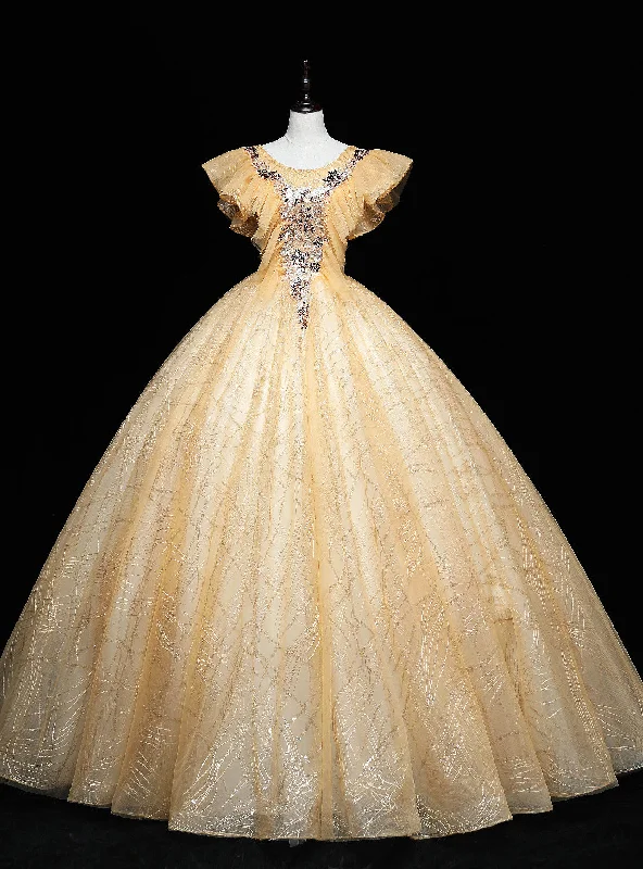 women's bridesmaid dressesGold Tulle Sequins Appliques Quinceanera Dress