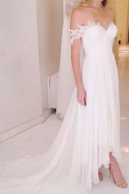 women's machine-washable dressesA Line Off-the-shoulder Chiffon Beach Wedding Dresses with Sweep Train Bridal Dresses