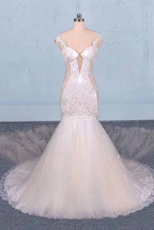 women's trendy dressesGorgeous Mermaid Tulle Wedding Dresses Chapel Train Long Bridal Gown N2303