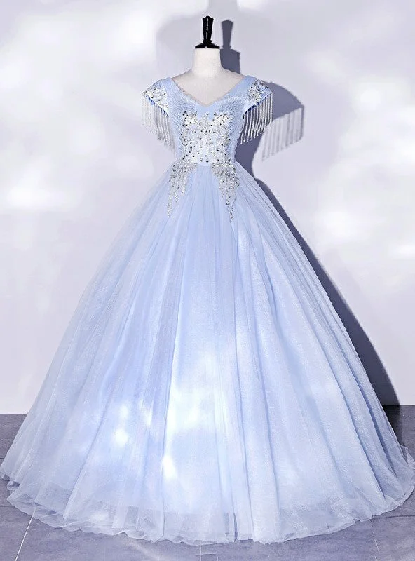 women's petite dressesBlue Tulle V-neck Appliques Quinceanera Dress
