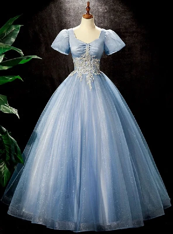 Designer DressBlue Tulle Sequins Beading Puff Sleeve Quinceanera Dress