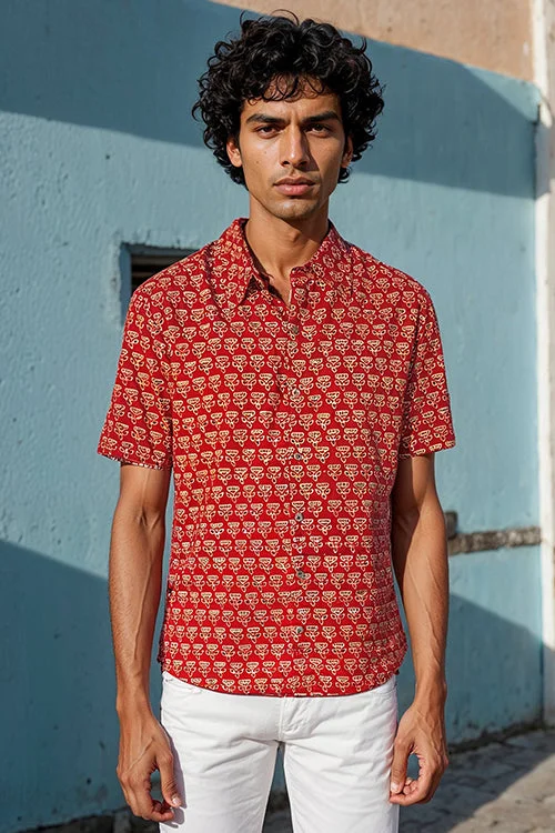Men's Hunting Shirts for Camouflage and ComfortOkhai "Retrograde" Handblock Printed Pure Cotton Half-Sleeved Shirt