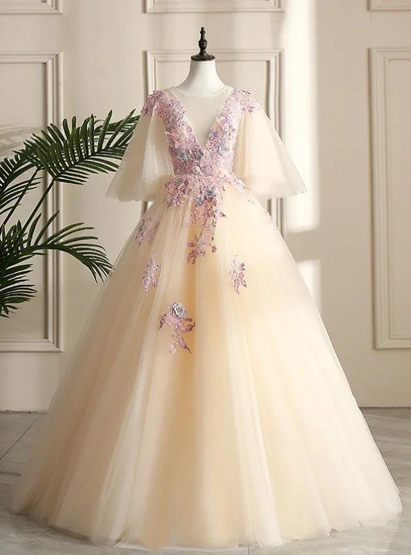 women's eco-friendly dressesCome In All Styles And Colors Champagne Ball Gown Tulle Appliques See Through V-neck Quinceanera Dress