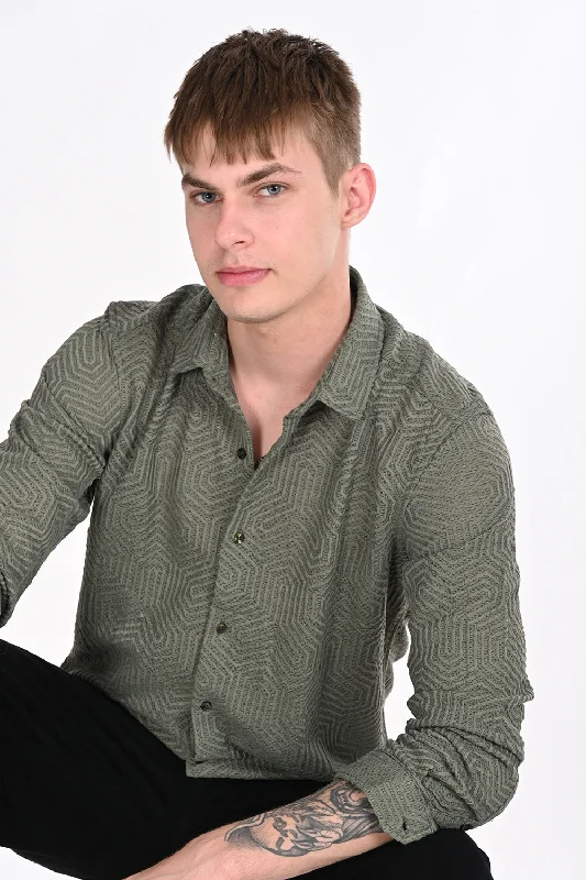 Men's Dressy Casual Shirts for Smart-Casual EventsOlive Green Textured Regular Fit Shirt