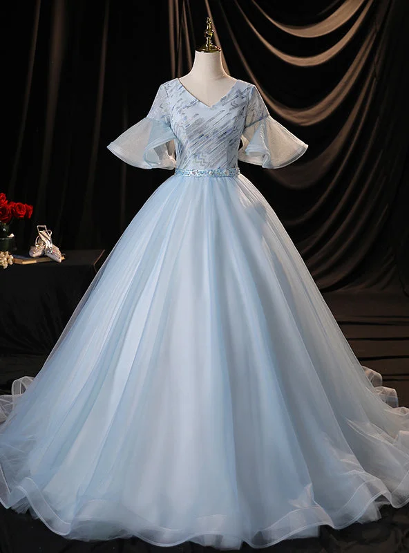 women's work dressesBlue Tulle V-neck Short Sleeve Quinceanera Dress