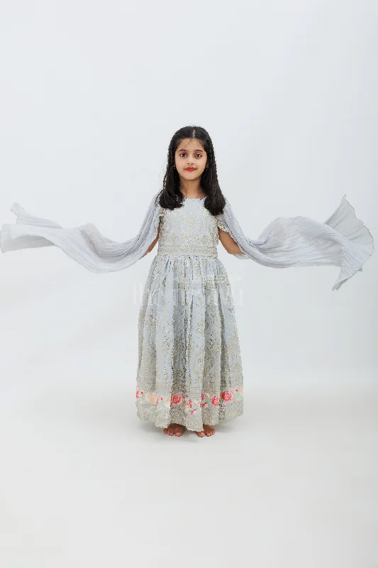 Sweetheart Neckline DressGray Georgette Embroidered Gown with Bishop Sleeves